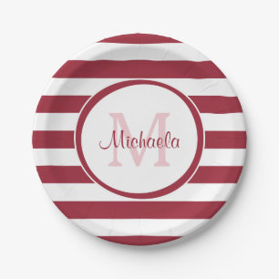 Stylish Monogram Thick Chilli Pepper Red Stripes Paper Plate
