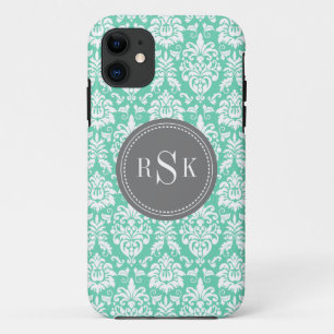 Stylish Monogram Trio Mint Damask Case-Mate iPhone Case