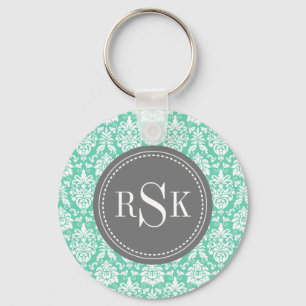 Stylish Monogram Trio Mint Damask Key Ring