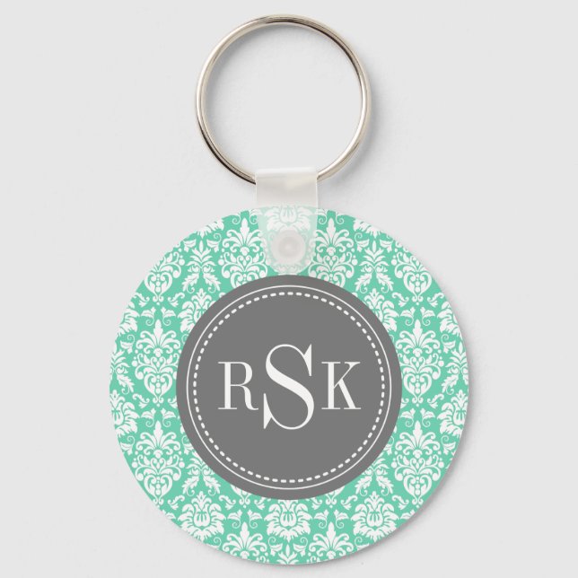 Stylish Monogram Trio Mint Damask Key Ring (Front)