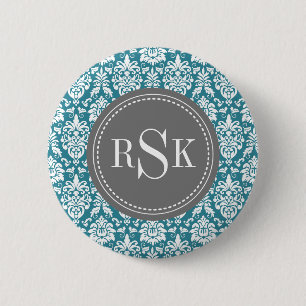 Stylish Monogram Trio Teal Damask 6 Cm Round Badge