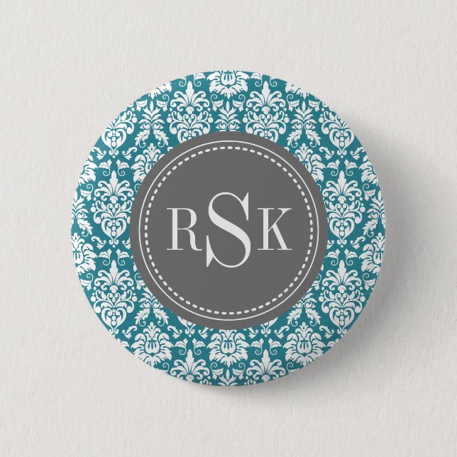 Stylish Monogram Trio Teal Damask 6 Cm Round Badge (Front)