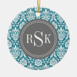 Stylish Monogram Trio Teal Damask Ceramic Tree Decoration