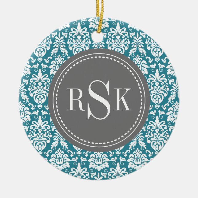Stylish Monogram Trio Teal Damask Ceramic Tree Decoration (Front)