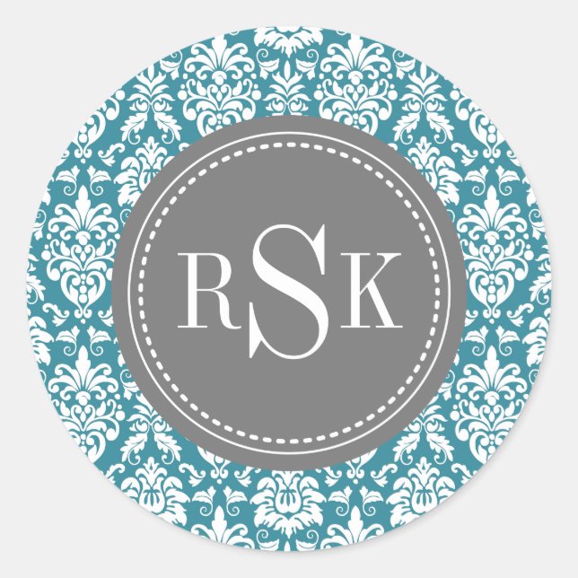 Stylish Monogram Trio Teal Damask Classic Round Sticker (Front)