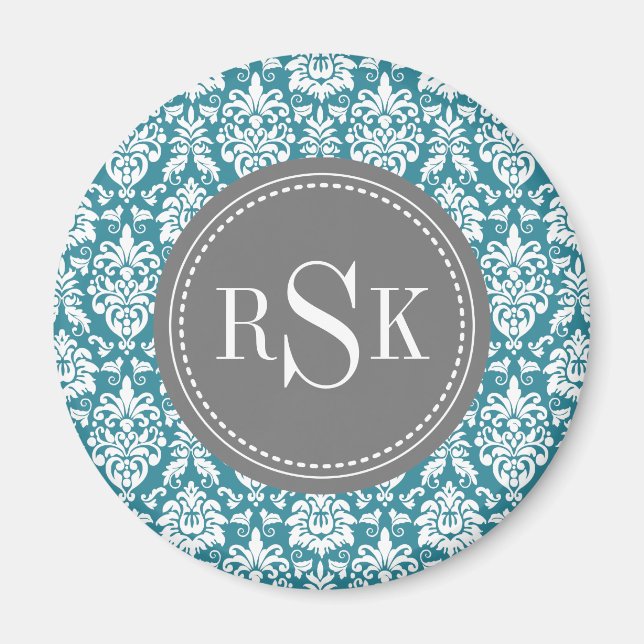 Stylish Monogram Trio Teal Damask Magnet (Front)