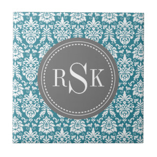 Stylish Monogram Trio Teal Damask Tile