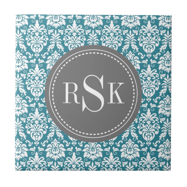 Stylish Monogram Trio Teal Damask Tile (Front)