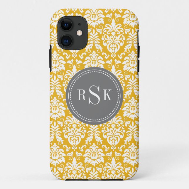 Stylish Monogram Trio Yellow Damask Case-Mate iPhone Case (Back)