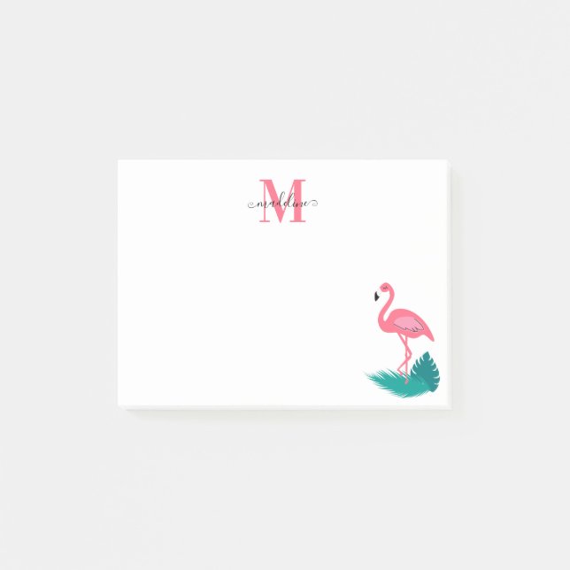 Stylish Monogram Tropical Leaves Hot Pink Flamingo Post-it Notes (Front)