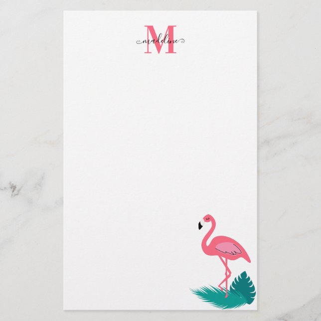 Stylish Monogram Tropical Leaves Hot Pink Flamingo Stationery (Front)