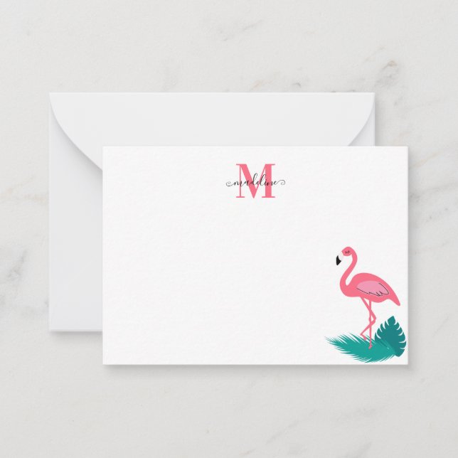 Stylish Monogram Tropical Leaves Pink Flamingo 2 Card (Front)