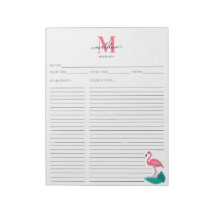 Stylish Monogram Tropical Pink Flamingo Recipe Notepad