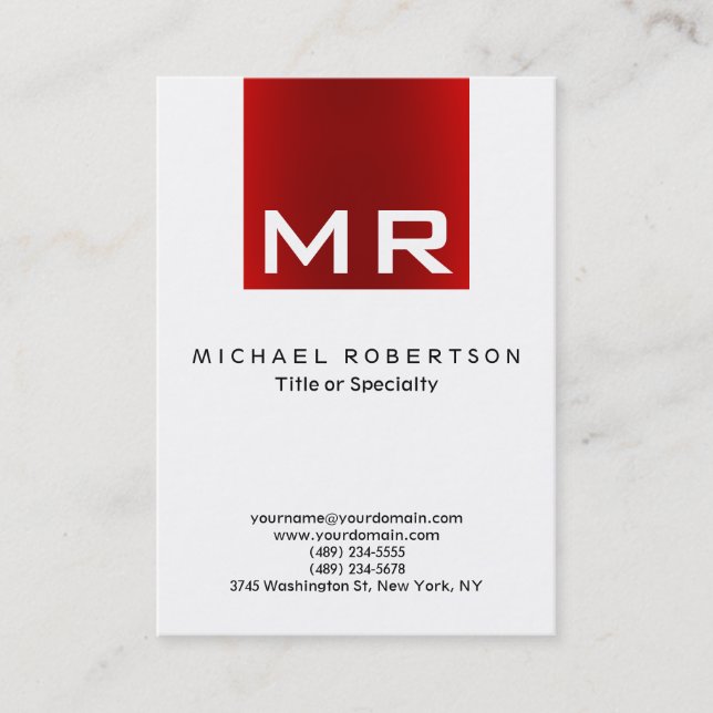 Stylish Monogram White Red Modern Business Card (Front)