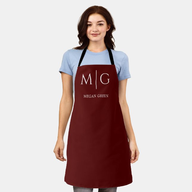 Stylish Monogram With Name Personalized Maroon Apron (Worn)