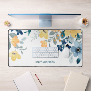 Stylish Monogram Yellow & Blue Watercolor floral Desk Mat