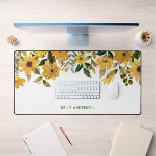 Stylish Monogram Yellow Watercolor floral Desk Mat