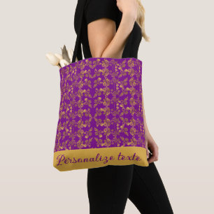 Stylish monogrammed Gold and purple damask swirl Tote Bag