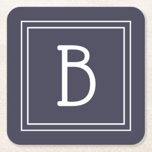 Stylish Monogrammed Midnight Blue & White Initial Square Paper Coaster