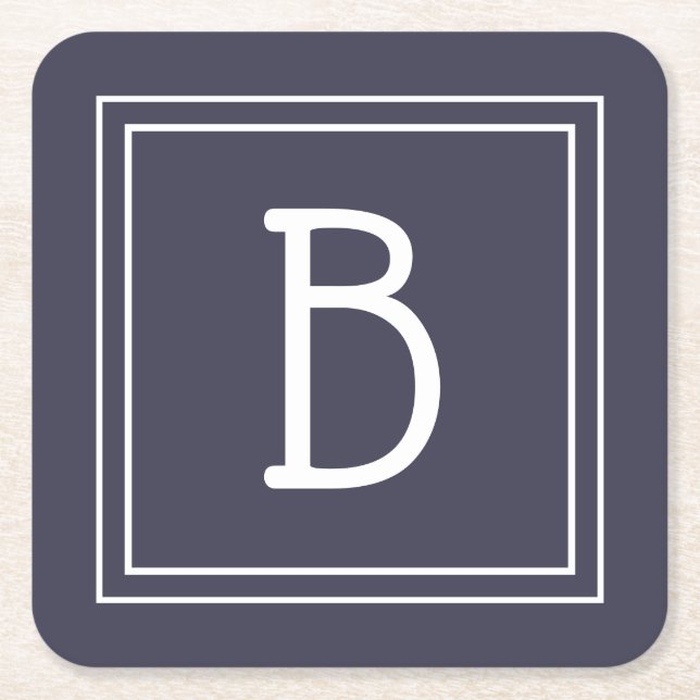 Stylish Monogrammed Midnight Blue & White Initial Square Paper Coaster (Front)