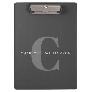 Stylish Monogrammed Name Professional Black Grey Clipboard