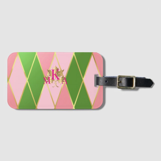 Stylish Monogrammed Pink and Green Argyle Luggage Tag (Front Horizontal)