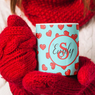 stylish monogrammed Red heart pattern on blue Coffee Mug