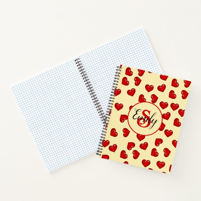 Stylish monogrammed Red heart pattern on yellow Notebook (Inside)