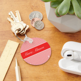 Stylish monogrammed Red Polka dots pattern white Key Ring
