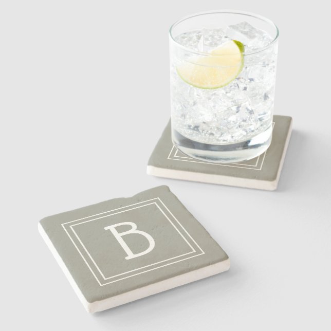 Stylish Monogrammed Soft Evergreen & White Initial Stone Coaster (Side)
