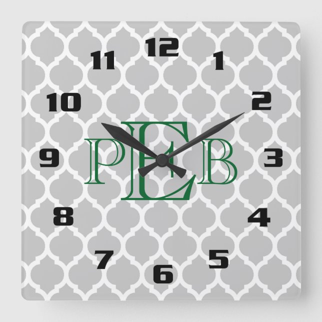 Stylish Moroccan Quatrefoil Pattern Monogram Square Wall Clock (Front)