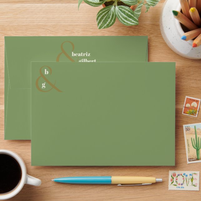 Stylish Moss and Olive Green Modern Monogram Envelope (Desk)