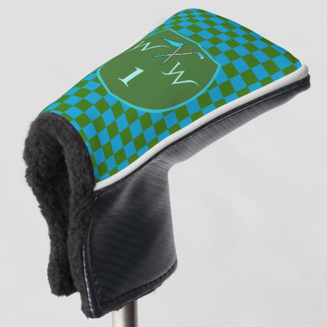 Stylish Moss Green  Azure Blue Chequered Monogram  Golf Head Cover (3/4 Front)