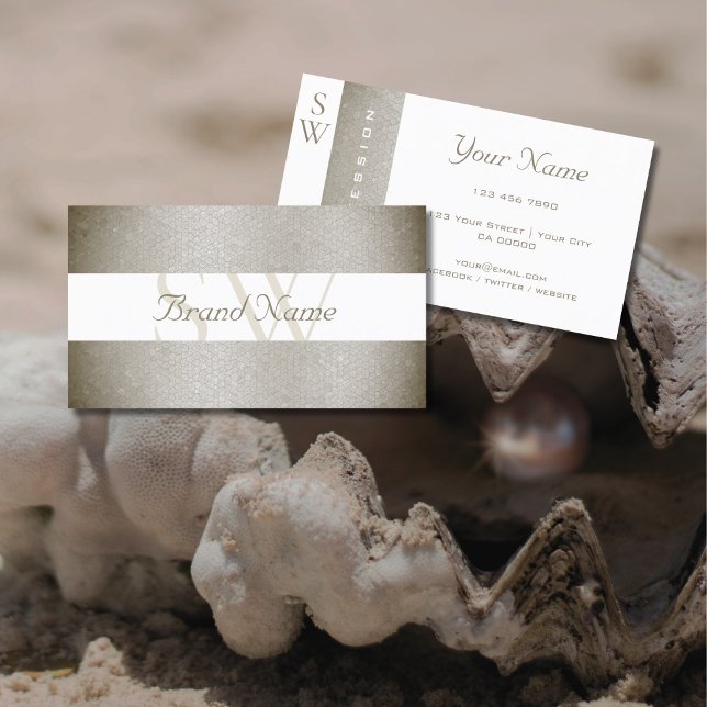 Stylish Mother of Pearl and White with Monogram Business Card (Creator Uploaded)