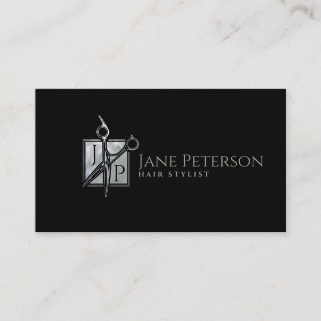 Stylish Mother of pearl Hairstylist monogram Business Card (Front)