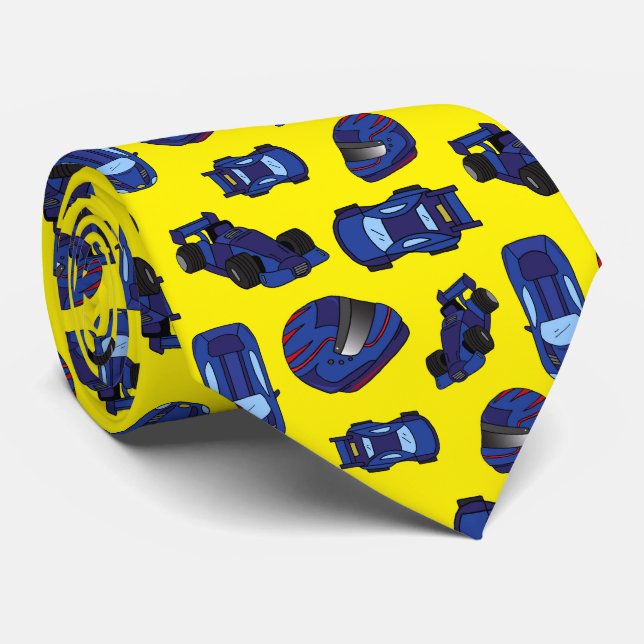 Stylish Motor Racing Fan Blue Sports Cars Yellow Tie (Rolled)