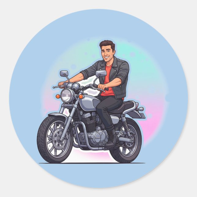 Stylish Motorcycle Rider Classic Round Sticker (Front)