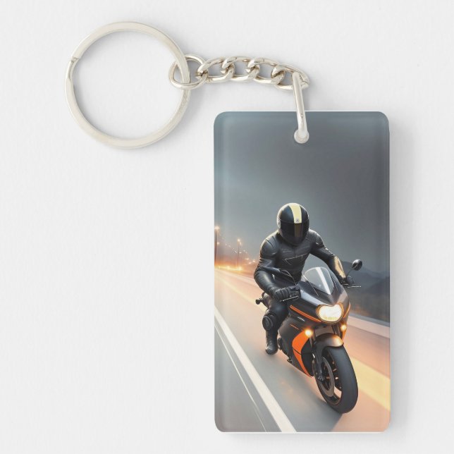 Stylish Motorcyclist Riding on a Cruiser Bike Key Ring (Front)