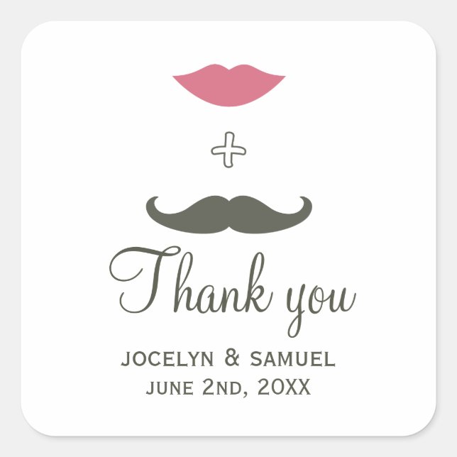Stylish Moustache and Lips Wedding Favour Square Sticker (Front)