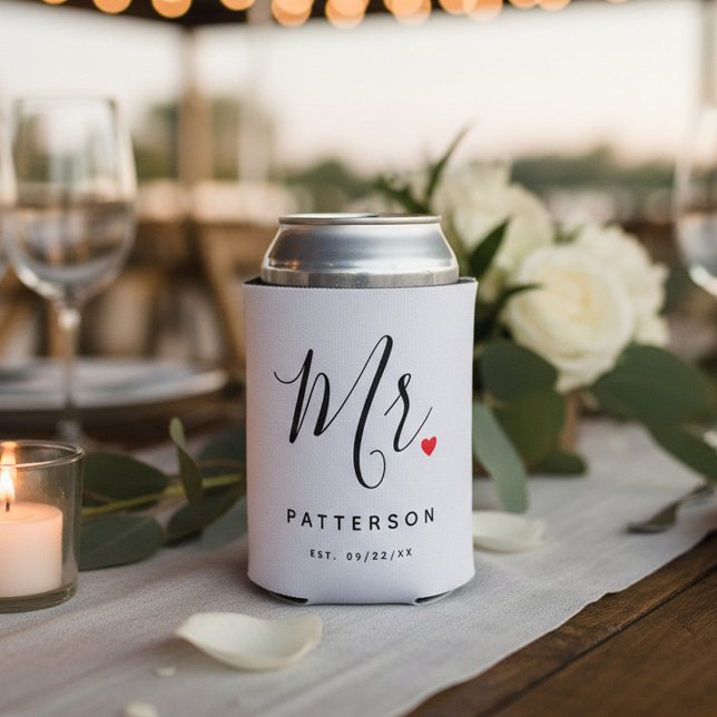 Stylish Mr. Custom Last Name & Date Wedding Can Cooler (Creator Uploaded)