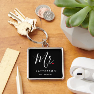 Stylish Mr. Custom Last Name & Date Wedding Key Ring