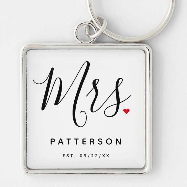 Stylish Mrs. Custom Last Name & Date Wedding Key Ring (Front)