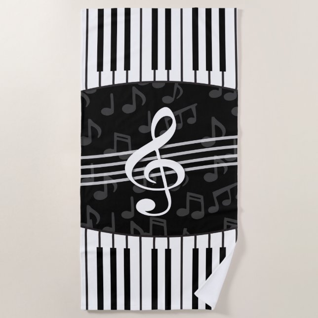 Stylish Music Notes Treble Clef and Piano Keys Beach Towel (Front)