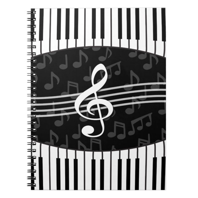 Stylish Music Notes Treble Clef and Piano Keys Spiral Notebook (Front)