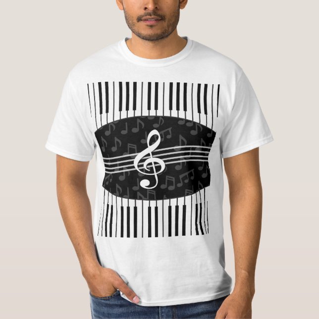 Stylish Music Notes Treble Clef and Piano Keys T-Shirt (Front)