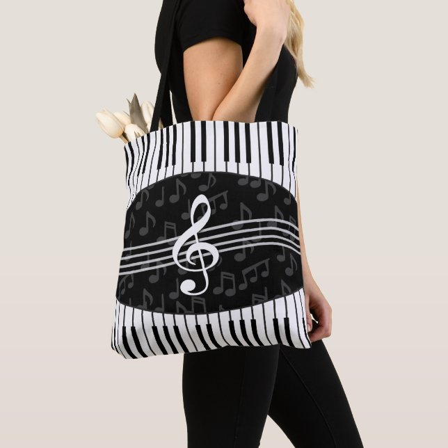 Stylish Music Notes Treble Clef and Piano Keys Tote Bag (Close Up)