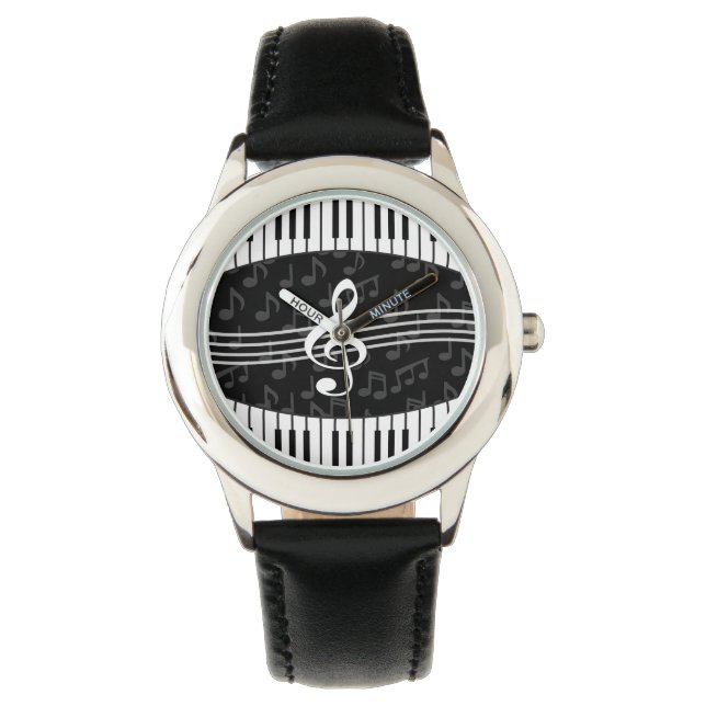 Stylish Music Notes Treble Clef and Piano Keys Watch (Front)