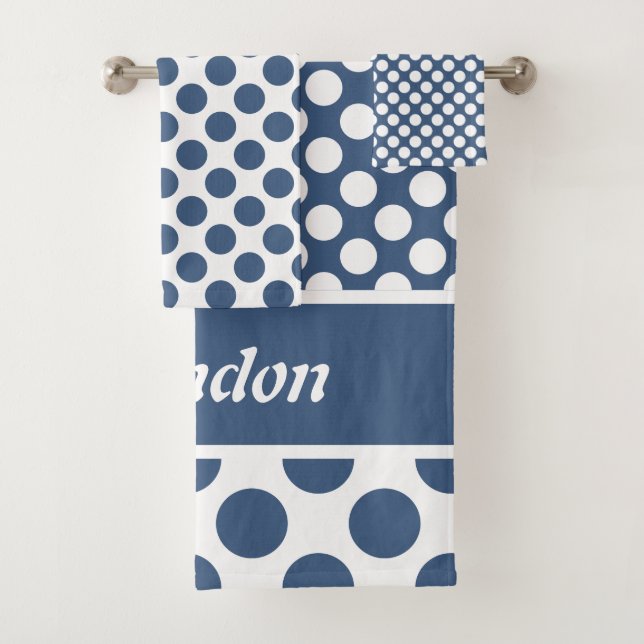 Stylish Name Blue Polka Dot Pattern Bath Towel Set (Insitu)