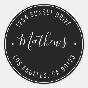 Stylish Name & Circular Text Black & White Classic Round Sticker