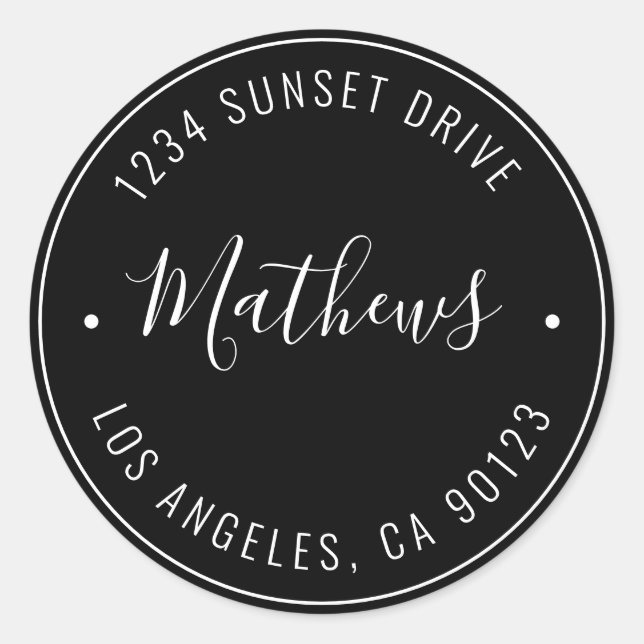 Stylish Name & Circular Text | Black & White Classic Round Sticker (Front)